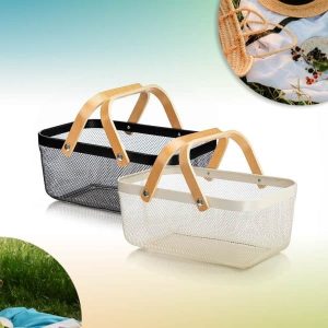 Canasta Metalica Asas De Bambu 37X22X17Cm