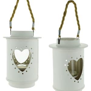 Farol Madera Y Metal Bco C/Corazon Y Cuerda 26Cm Alto 18.5Cm Diam