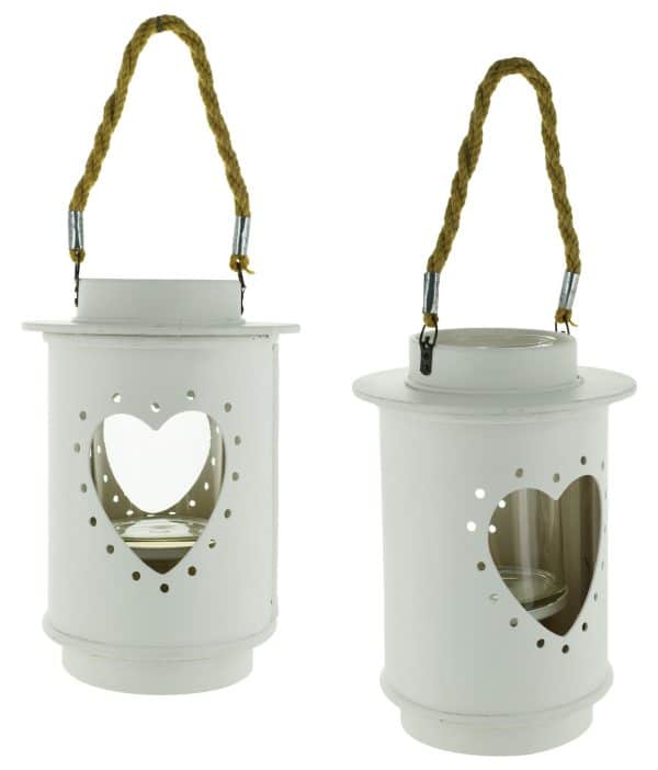 Farol Madera Y Metal Bco C/Corazon Y Cuerda 26Cm Alto 18.5Cm Diam
