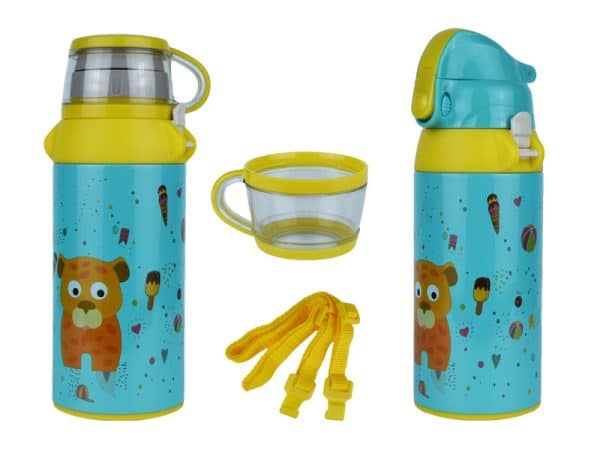 CANTIMPLORA AC INOX 600ML INFANTIL 2TAPON C/SORBITO 8X22CM CAJA REGALO 24466