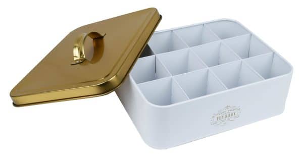CAJA DE TE 12 DIVISIONES LINEA BLANCA C/DORADO 25.5X20.5X8.5CM BF117L - Imagen 2