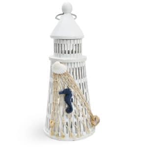 Faro Madera Blanco Con Red De Pesca Y Luz Led 9.5Cm Diametro 25Cm Alto Adorno
