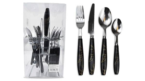Juego Cubiertos X 24Pcs Para 6 Personas Acero Mango Plastico Diseño Con Soporte Metal Caja Pvc