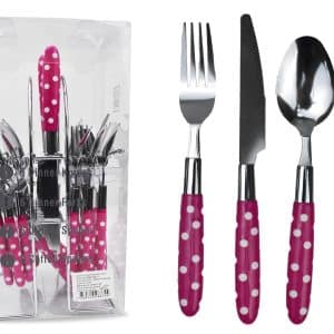 Juego Cubiertos X 24Pcs Para 6 Personas Acero Mango Acrilico Lunares Con Soporte Metal Caja Pvc