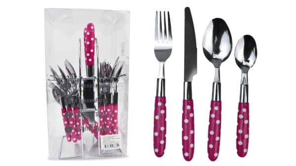 Juego Cubiertos X 24Pcs Para 6 Personas Acero Mango Acrilico Lunares Con Soporte Metal Caja Pvc