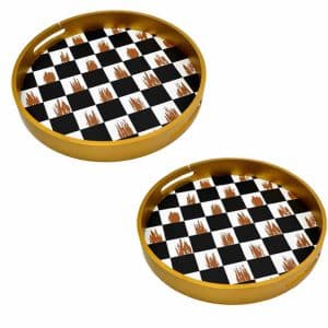 BANDEJA SET X2PCS REDONDA MADERA DORADA DECORADA CON ASAS 27639