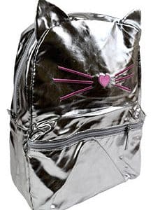 Mochila Tipo Cartera Cuerina Metalizada Gato 33X24X11Cm