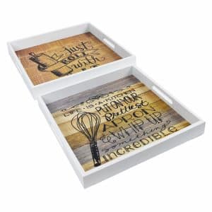 BANDEJA SET X2PCS CUADRADA MADERA BLANCA CON DISEÑO 30X30X3.9CM Y 27X27X3.3CM 27738
