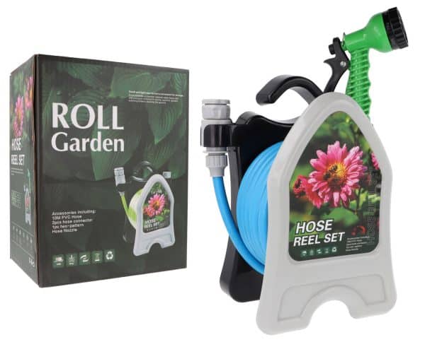Manguera para jardin con pistola y soporte para enrollar 10m