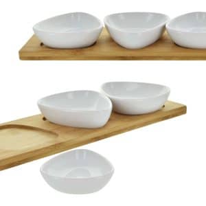 Copetinero De Bamboo + 3 Bowl De Ceramica