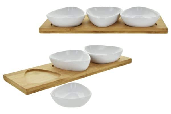 Copetinero De Bamboo + 3 Bowl De Ceramica