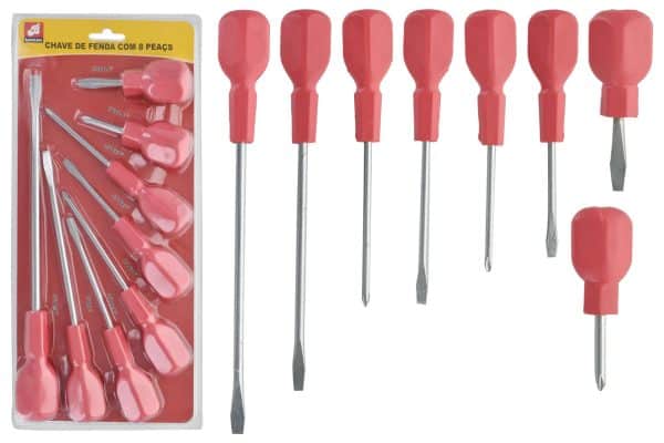 Destornillador Set X8Pcs Mango Goma Rojo Doble Blister
